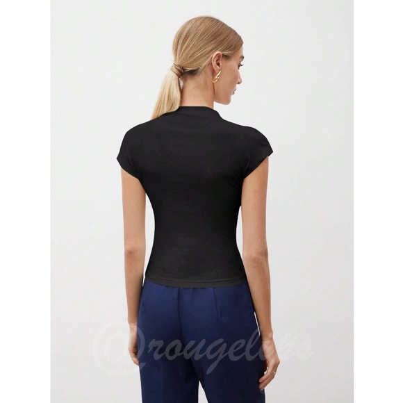 Black High Neck Cap Short Sleeve Tee Shirt - Picture 7 of 12